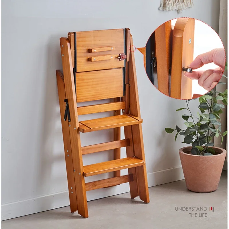 Ladder Stool Solid Wood Household Kitchen Stool Multifunctional High Stools Kitchen Strong Durable Dining Chair Folding Design