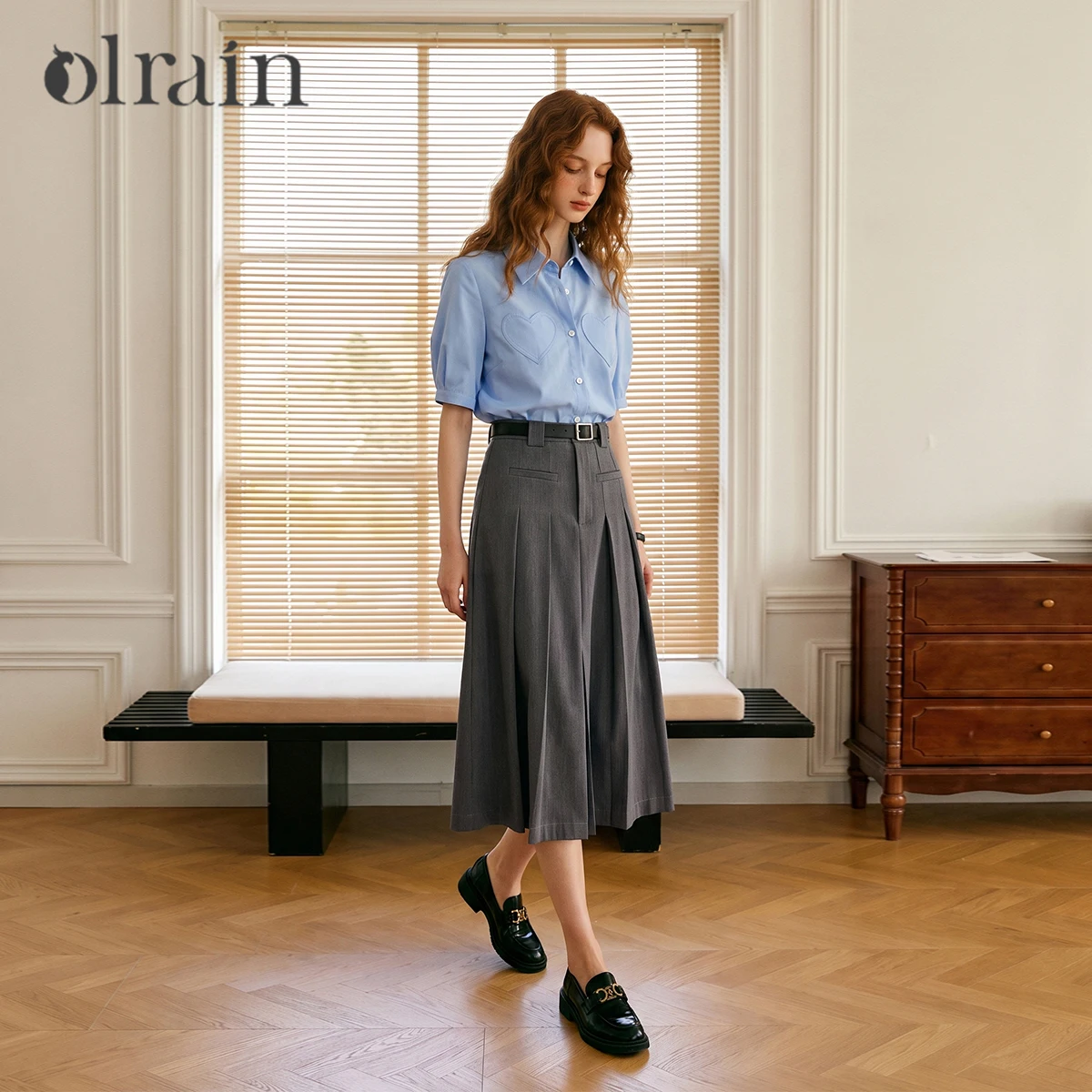 OLrain Autumn New Elegant and Gentle Tone Intellectual Heavy Industry Pleated Split Gray High Waist Umbrella Skirt O23CB66908
