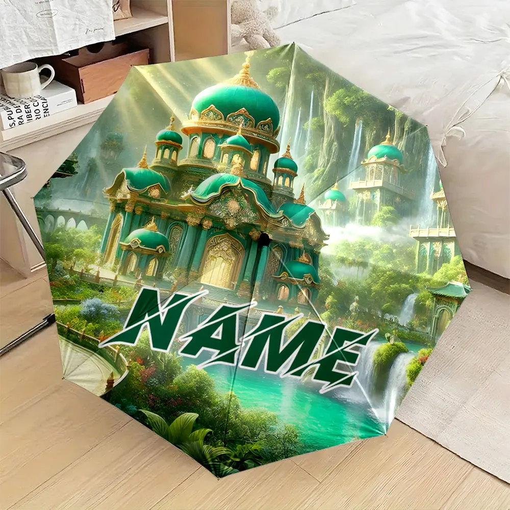 Custom Name Umbrella, Mystical Emerald Palace in a Lush Forest Scene Folding Umbrella for Sunny and Rainy,Gift