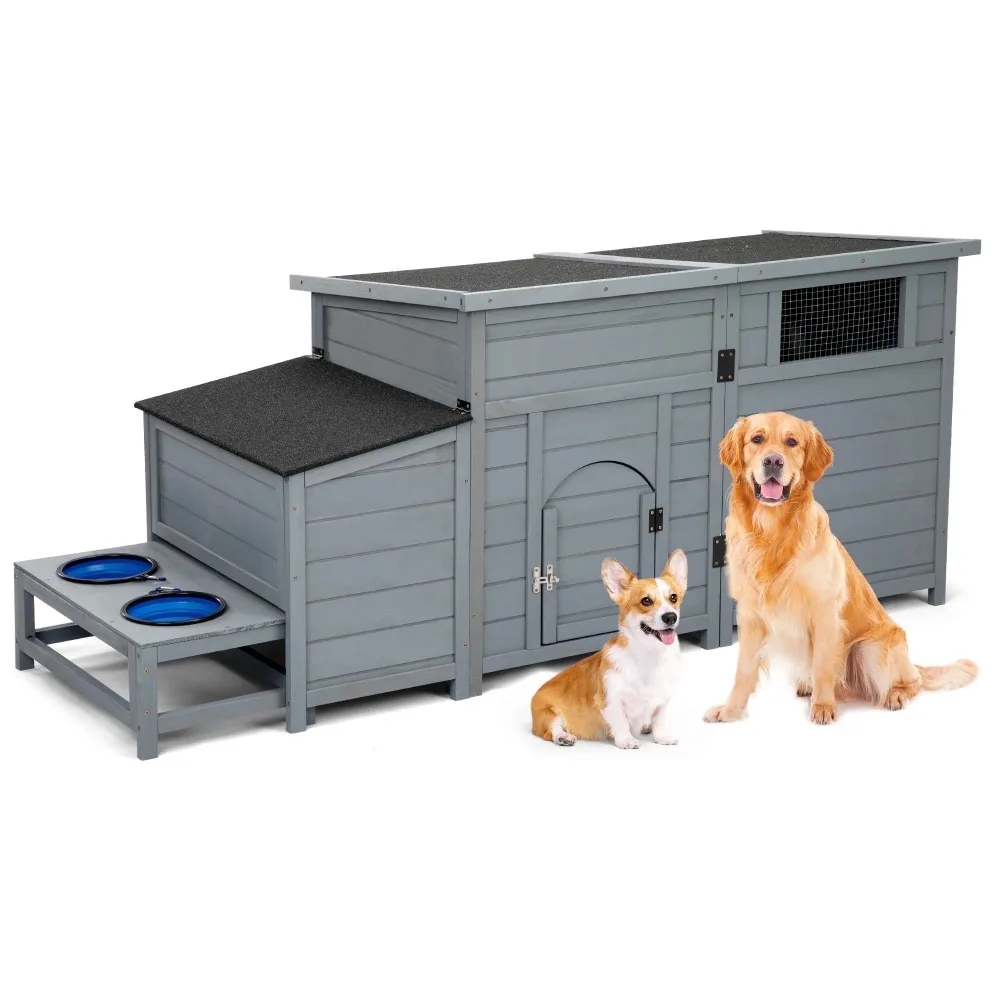 

Dog House Outdoor Wooden Dog Kennel Weatherproof with Slow Food Bowls, Storage Box, Open Roof