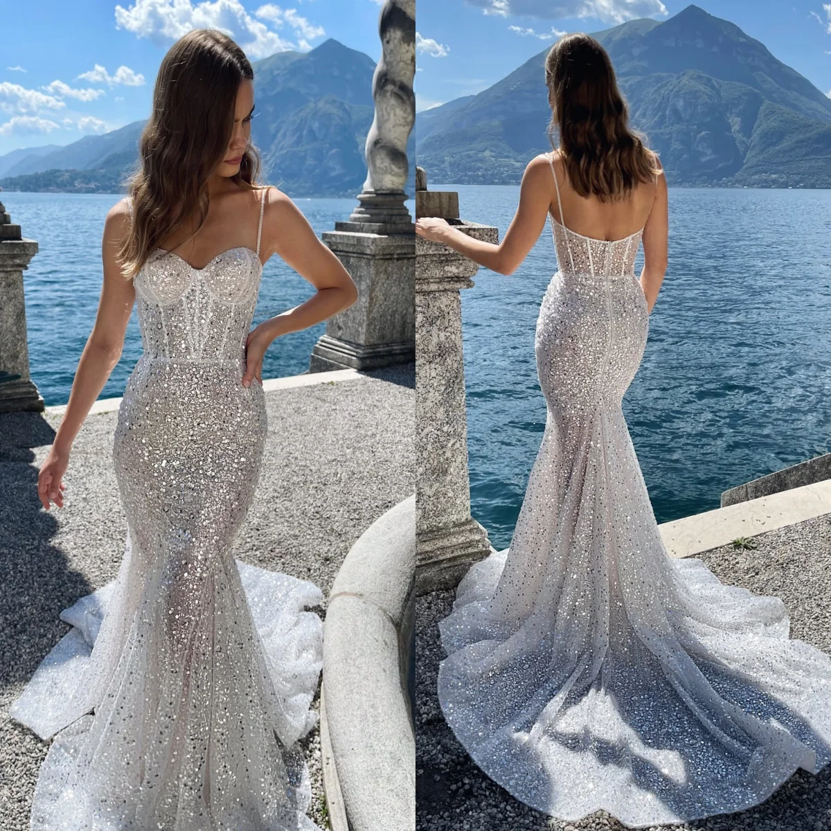 

Glitter Ivory Mermaid Beach Wedding Dresses Sexy Sweetheart Sleeveless Bridal Gowns Shiny Sequins Sweep Train Vestidos De Mariee