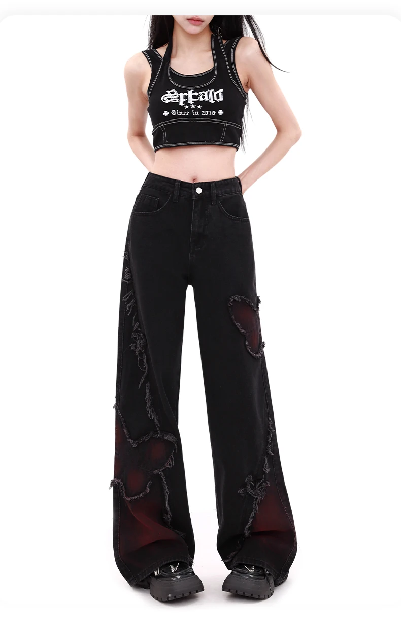 جينز جديد لربيع وخريف 2025 على شكل فراشة سوداء كلاسيكية أمريكية واسعة الساق للنساء سروال عالي الخصر للتخسيس مستقيم أزرق فاتح