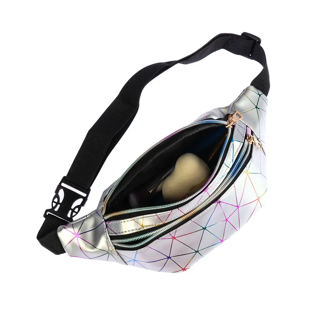 Holographic Waist Bags Women Pink Silver Fanny Pack Female Belt Bag Black Geometric Waist Packs Laser Chest Phone Pouch