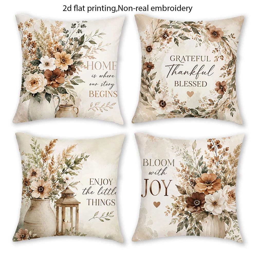 4pc Set of 4 Vintage Watercolor Floral Throw Pillow Covers  Rustic Farmhouse Home Decor Cushion Cases with Inspirational Quotes