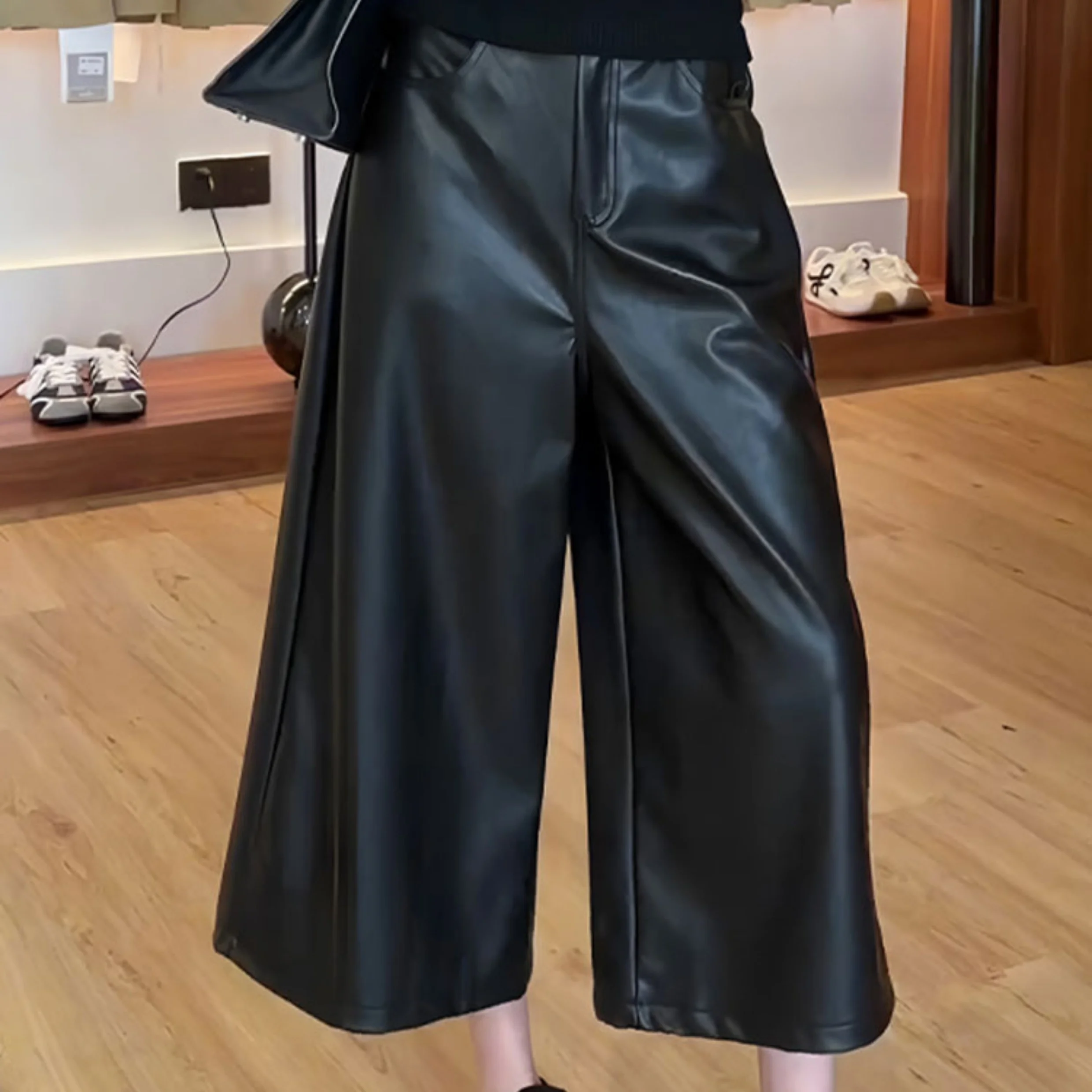 Black High Waist Wide Leg Leather Pants Casual Loose Fit Eighteen Length Versatile Autumn New Style Premium Feel Ladies Trousers