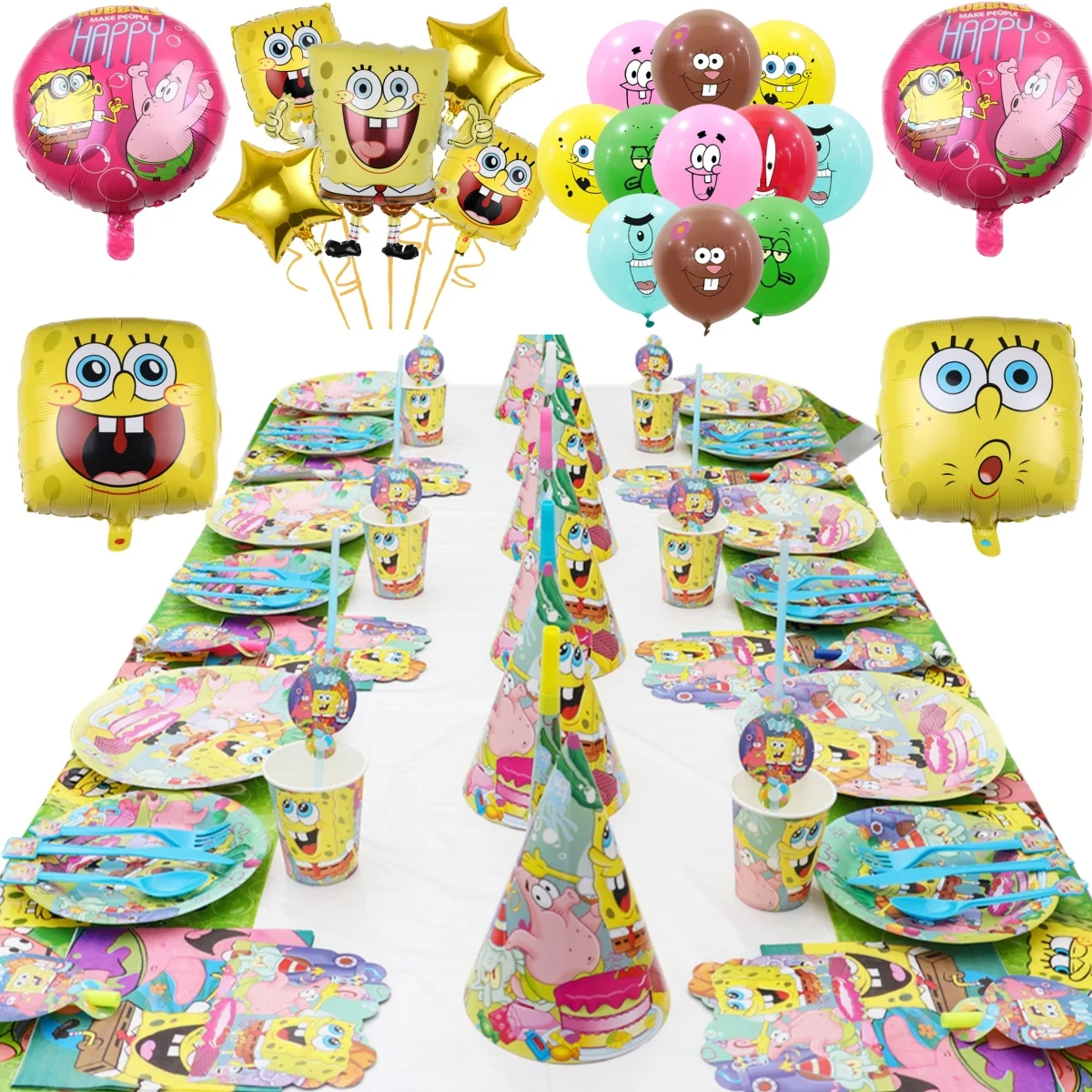 

Cartoon SpongeBob Birthday Party Themed Disposable Tableware Balloon Set party Hat Mask Napkin Horn Banner Backdrop Baby Shower