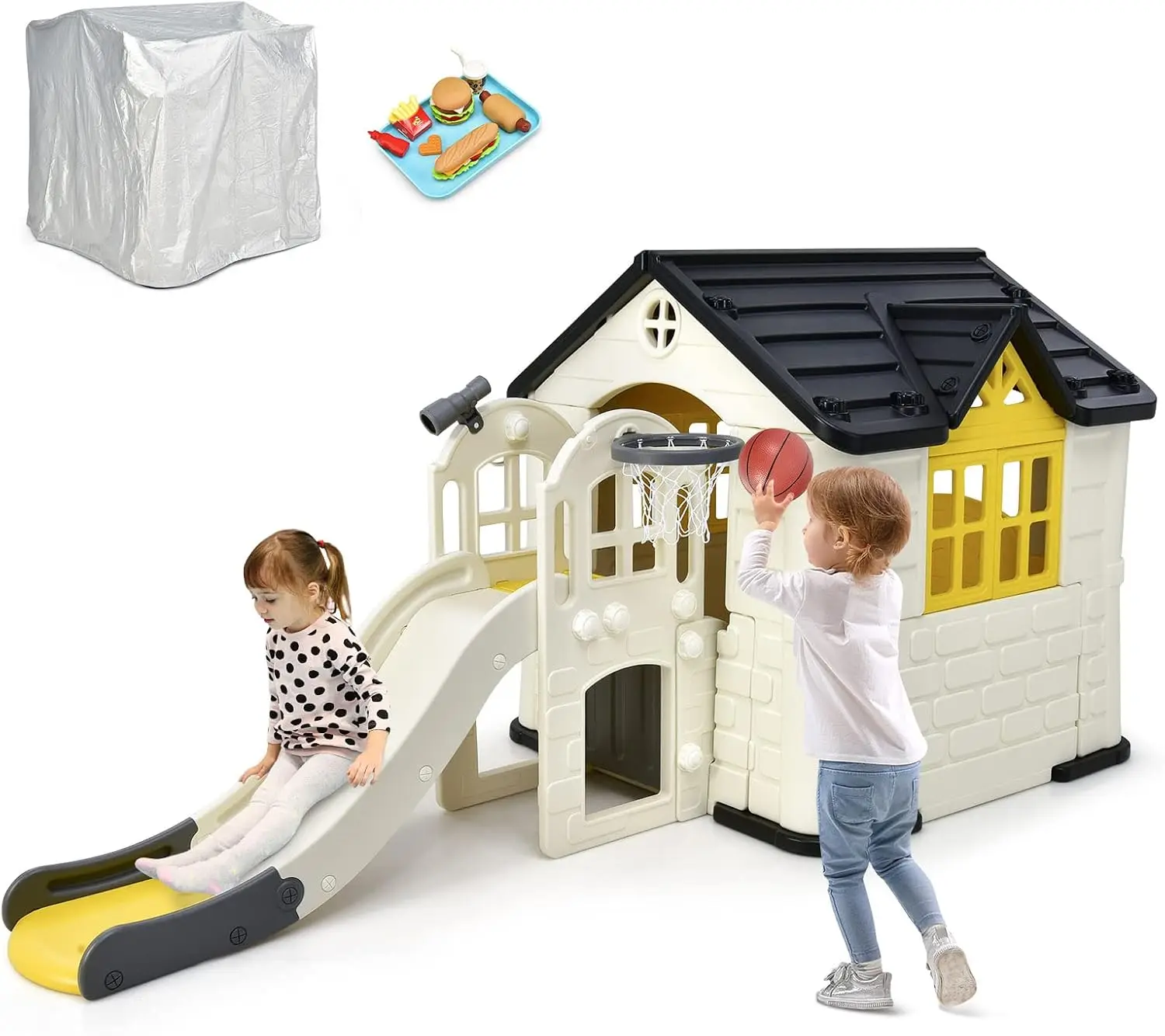 

Kids Playhouse and Slide Set, 7 in 1 Outdoor Cottage Pretend Playhouse with Working Doors and Windows, Picnic Table,