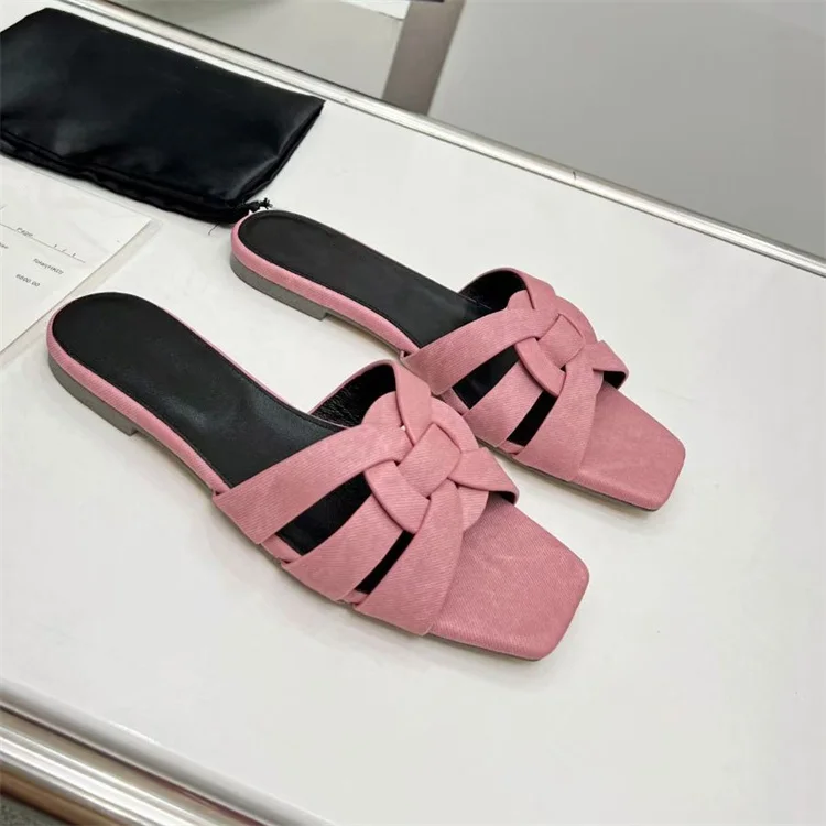 Square Toe Flat Slippers Women Summer Leather Comfy Shoes Female Dress Slides Outfit Party Casual Zapatos