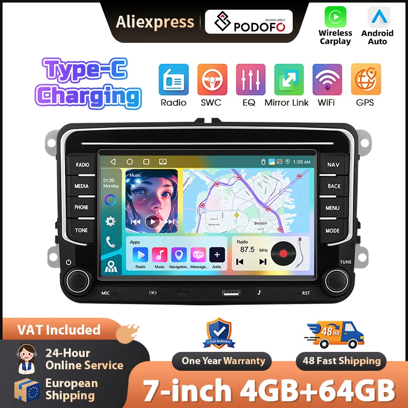 Podofo Kabelloses Carplay Android Auto Radio für VW Fahrzeuge Intelligente Systeme GPS-Navigation BT FM/RDS 2din EQ BT Autoradio