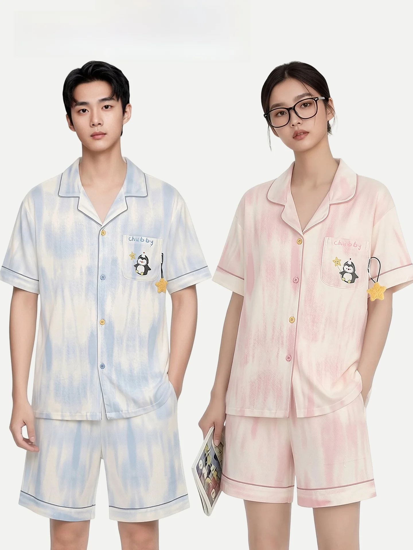 pinkbread-star-penguin-pijamas-para-parejas-de-algodon-puro-de-manga-corta-para-mujer-ropa-de-verano-para-el-hogar-adecuada-para-uso-al-aire-libre