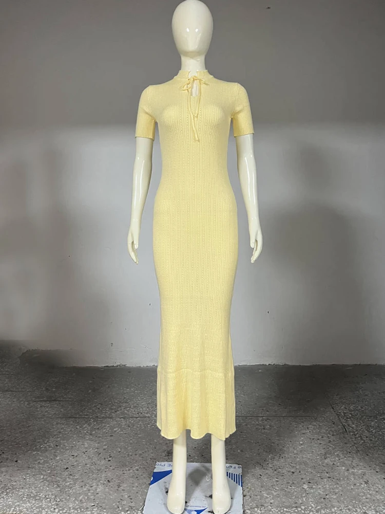 Talenza Elegant Knit Long Dress Fashion Round Neck Short Sleeve Hollow Summer Slim Long Dress Luxury Women's Knit Evening Dress