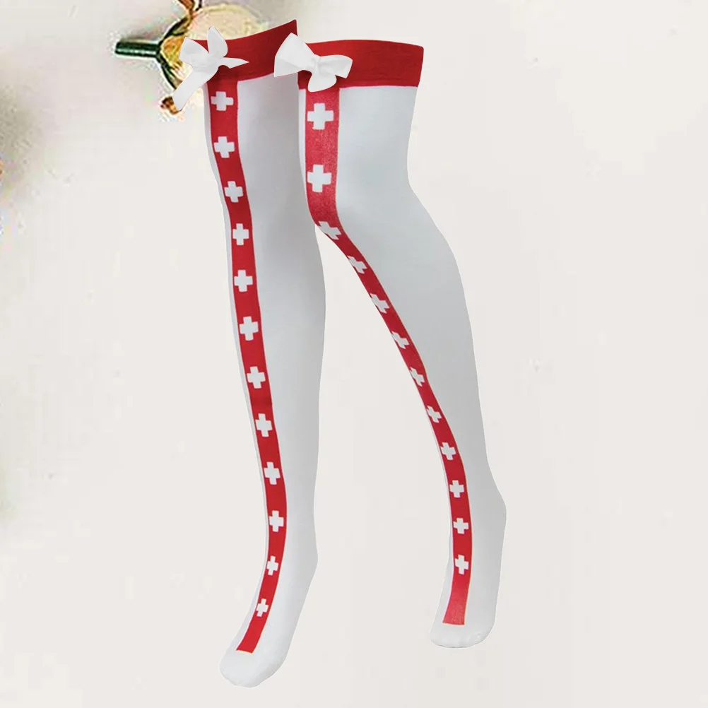 1 Paar oberschenkelhohe Krankenschwesterstrümpfe, weißes Fliege-Design, weich, elastisch, rutschfest, warme Socken für Damen, Party-Kostüme, Baumwolle
