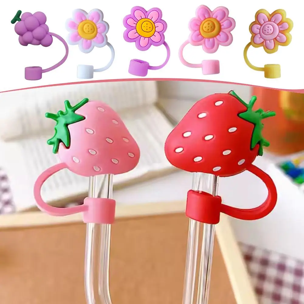 1pc Cute Strawberry Straw Covers For Stanley Tumbler Cups Kawaii Silicone Straw Toppers Dust-Proof Protector Cap For 10mm Straws