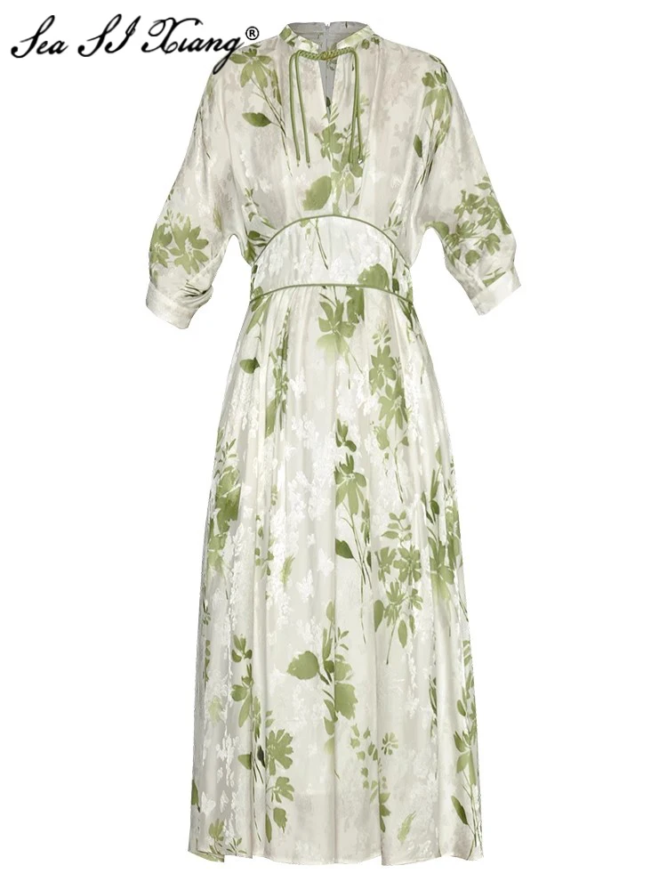 

Seasixiang Fashion Designer Summer Vintage Dress Women's O-Neck Short Sleeve Disc Buckle Pockets Print Chinese Style Dresses