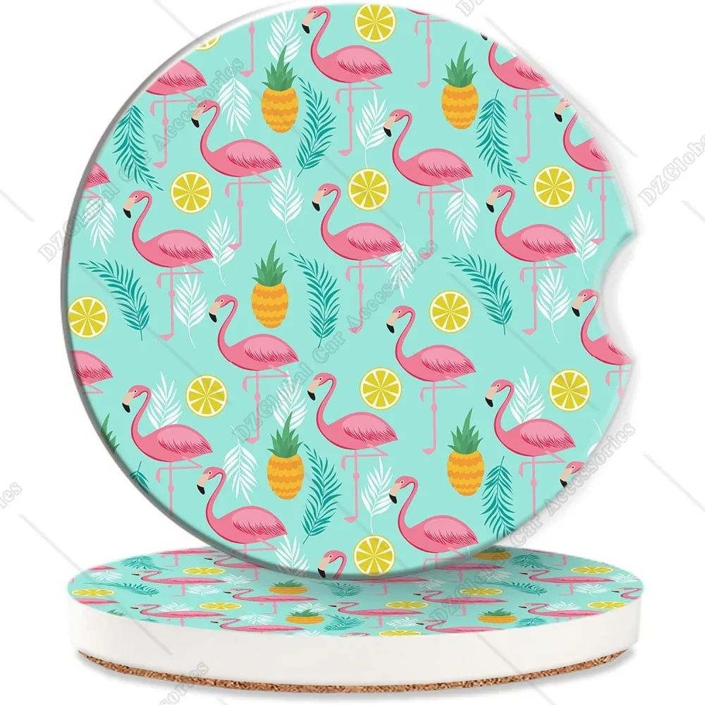 Pink Flamingo Car Cup Holder Coaster Summer Pineapples Leaves Car Coasters for Cup 2 PCS Absorbent Insert Ceramic Car Assecories