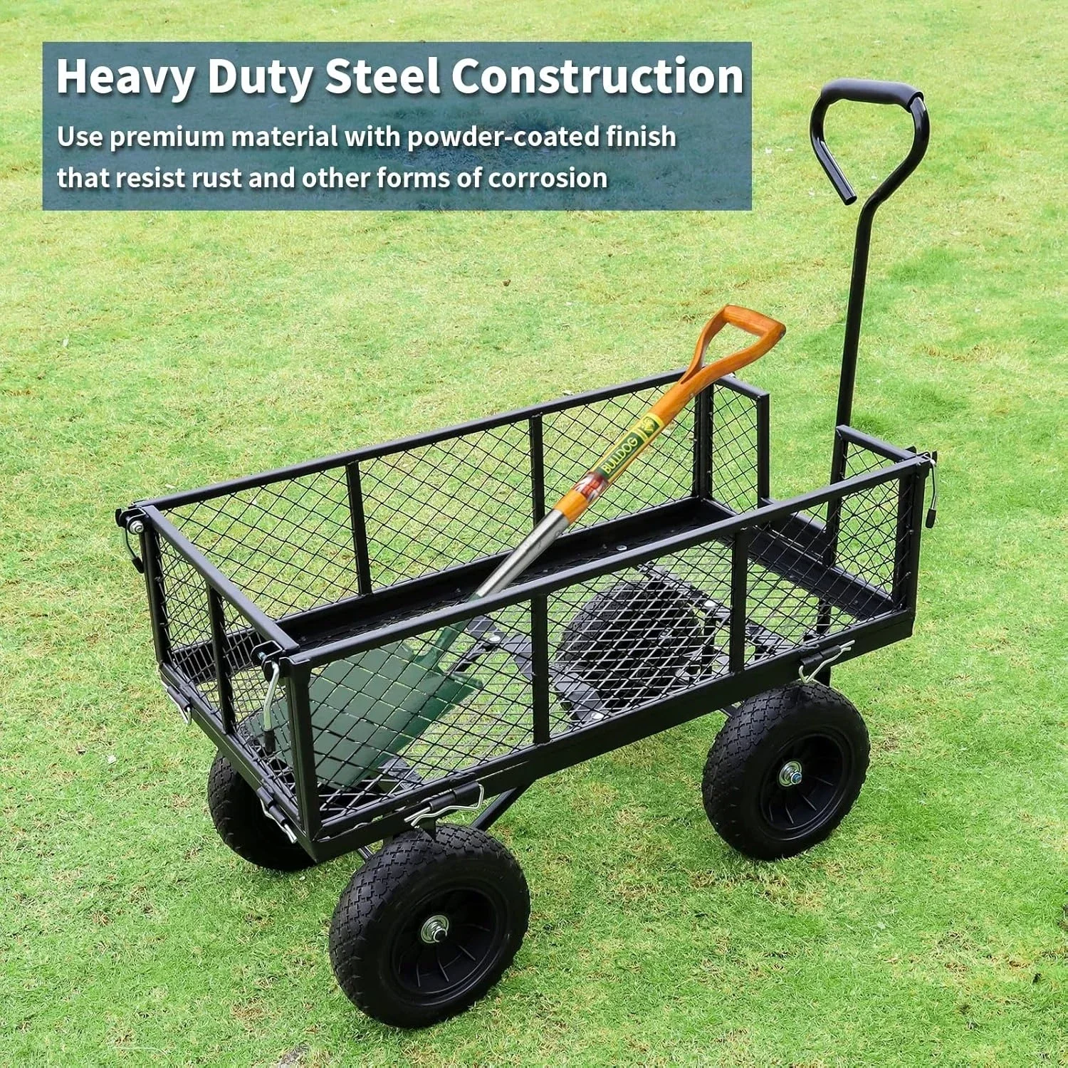

880 lbs 10" Flat Free Tires Steel Garden Cart with 180° Rotating Handle and Removable Sides