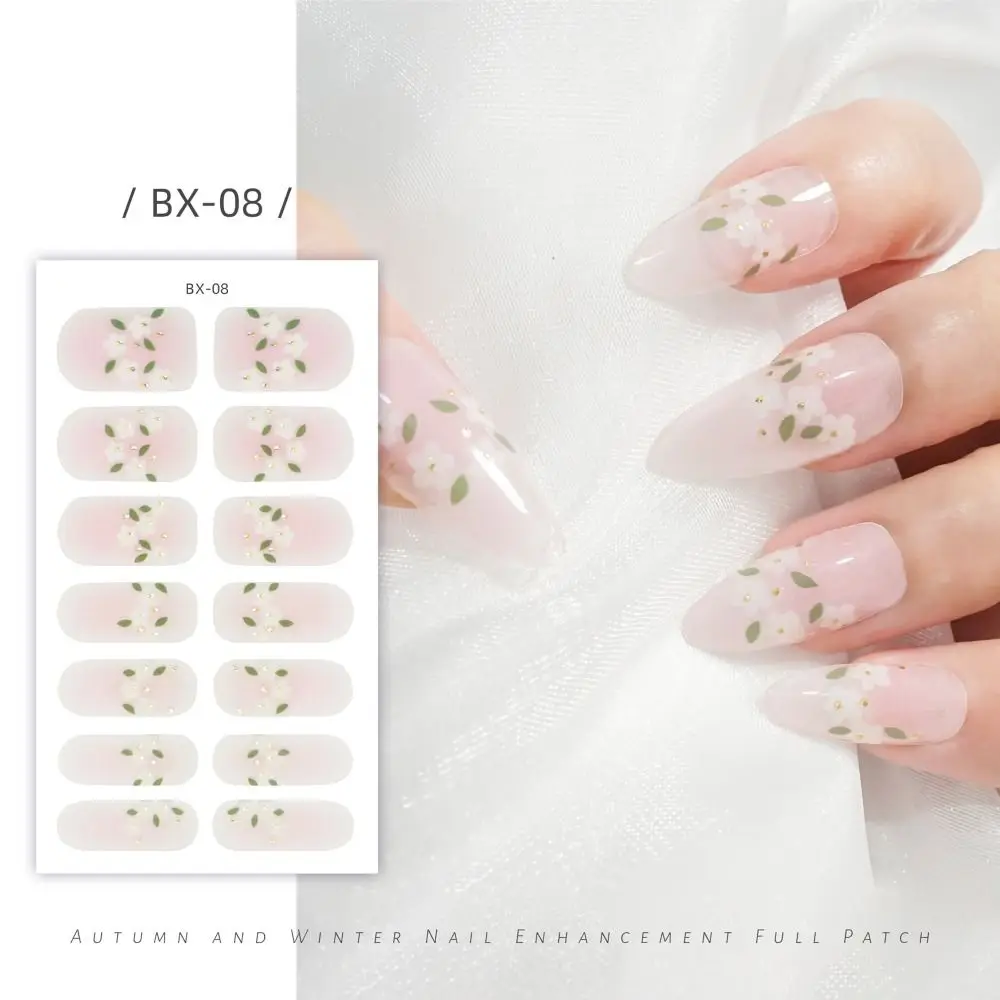 14 Adesivos de Unha em Gel Semicurado, Cobertura Total, Estilo Francês, Adesivos Florais para Unhas, Tiras de Esmalte em Gel