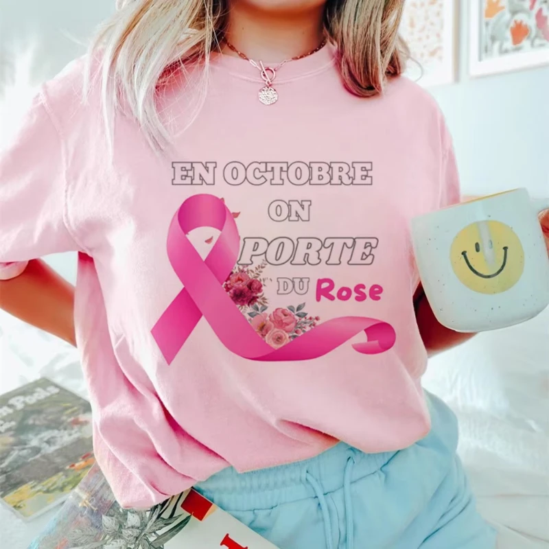 유방암 지원 존경 명예 유방암 인식 티셔츠 여성용 티셔츠 크루넥 반팔 티셔츠 의류