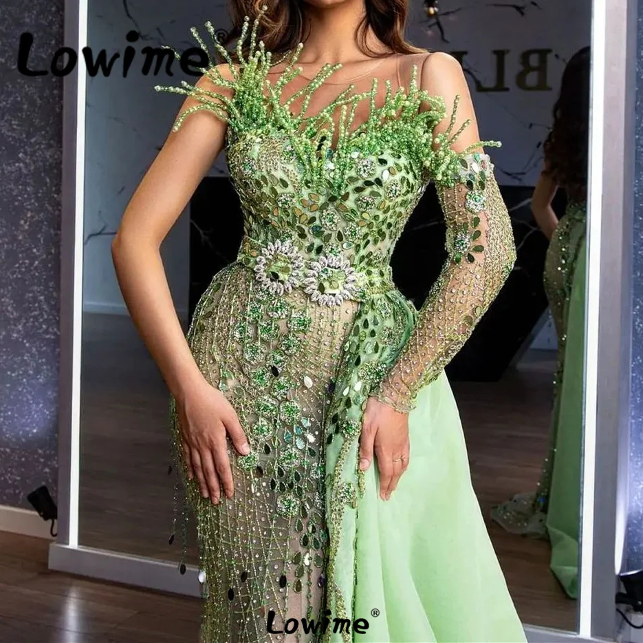 Robes De Soirée Abendkleider Luxus 2023 Green Evening Dress One Shoulder Beaded Tassels Crystal With Side Train Prom Party Dress