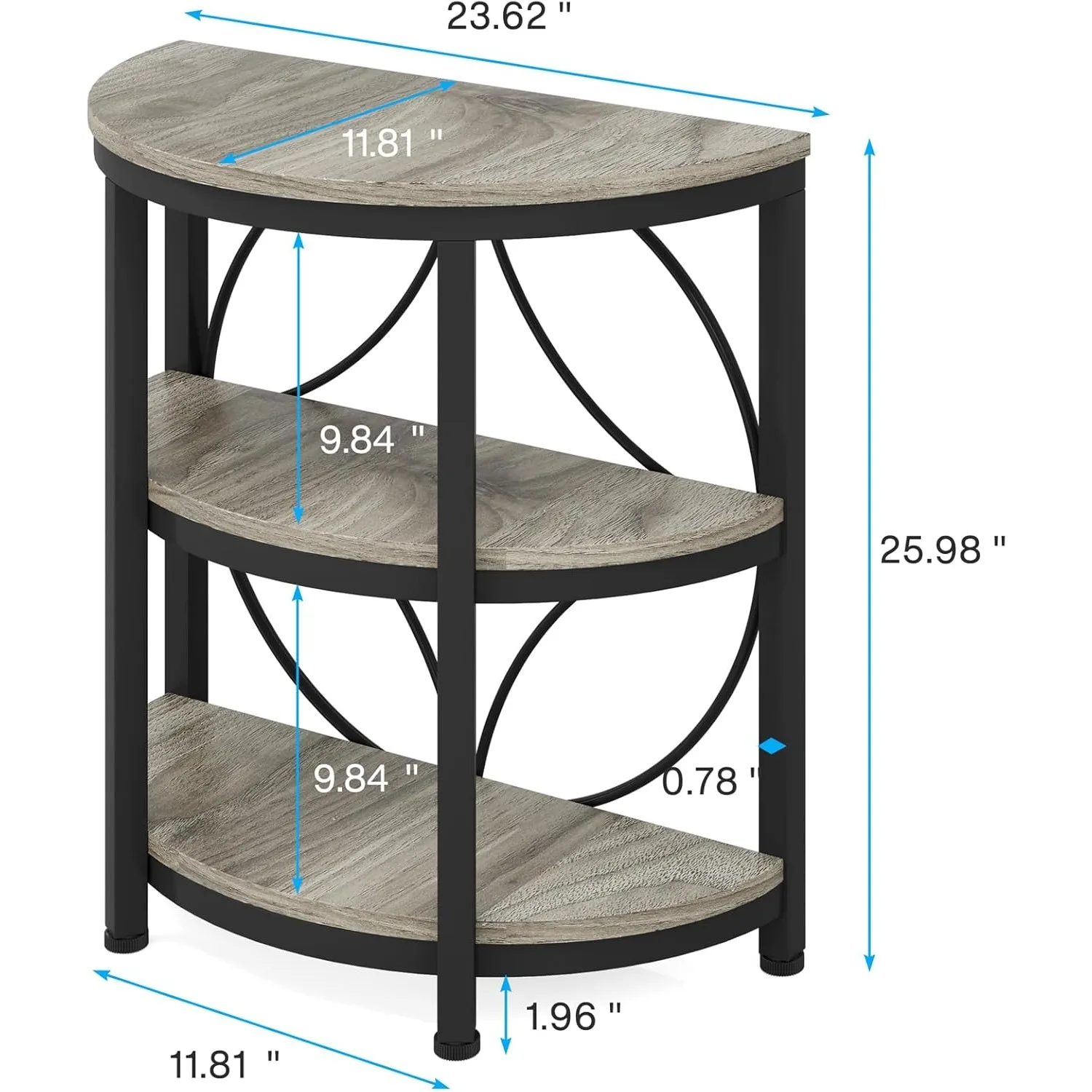 Small Half Round End Table, Half Circle Side Table with Shelves and Metal Frame, 3-Tier Half Moon Console Table(1PC)