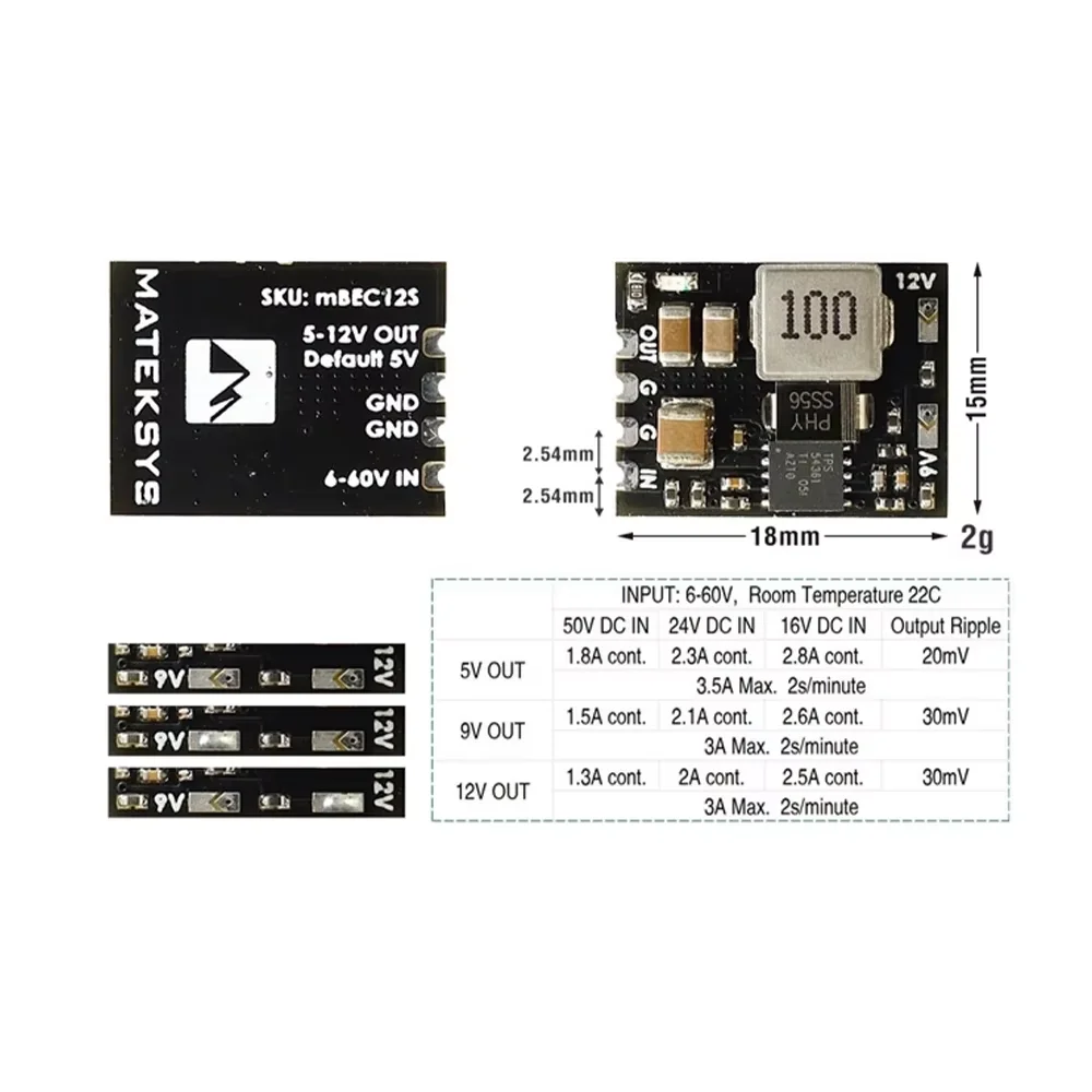 Módulo BEC Ajustable Matek System MICRO BEC12S de 6-60V a 5.9V/12V 18x15mm para Modelos RC, Drones de Carreras FPV, Aviones, Repuesto DIY