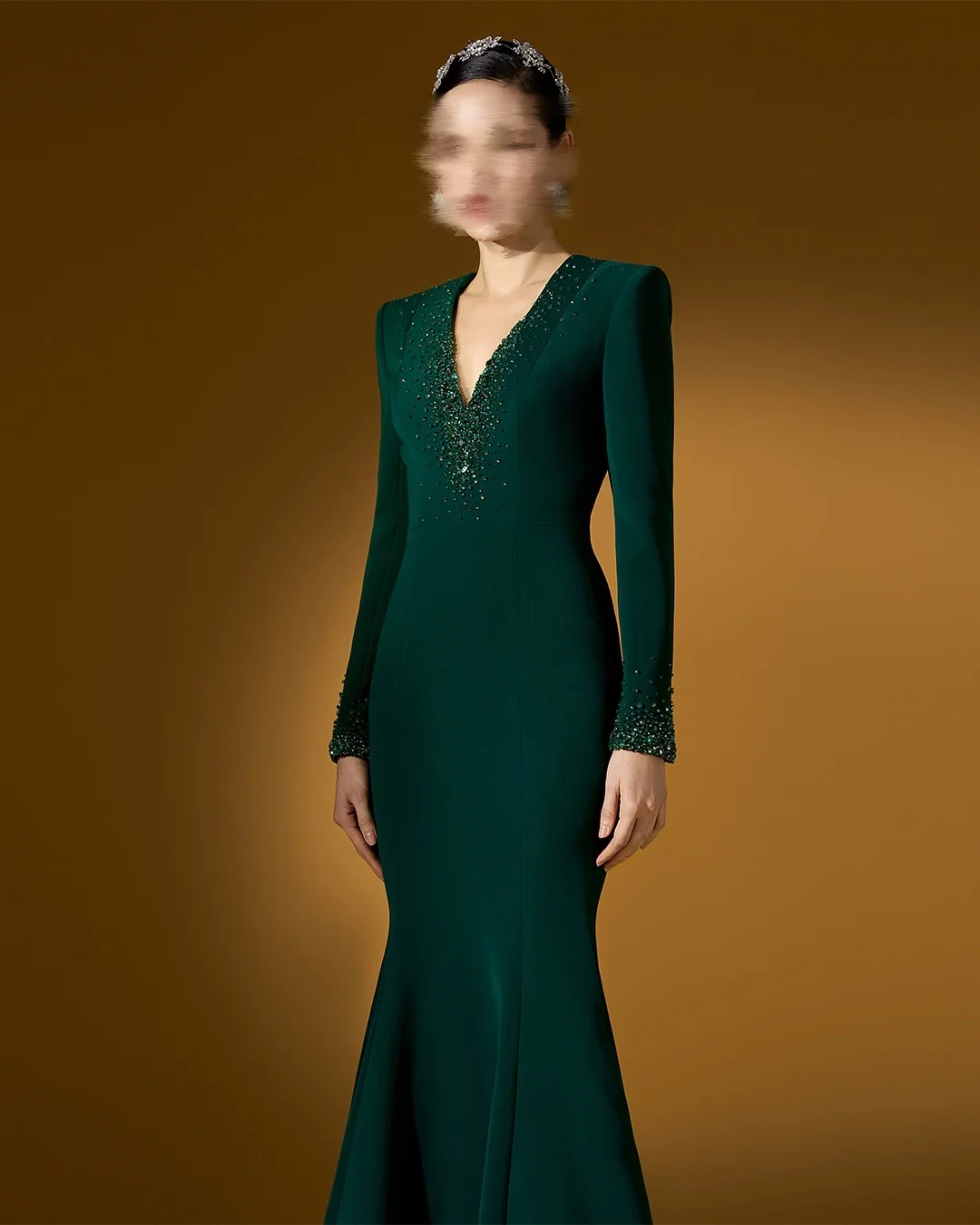 Meetlove Vネックフルスリーブマーメイドグリーンフロアレングスビーズ装飾エレガントなイブニングガウン、女性用カスタムプロムドレス