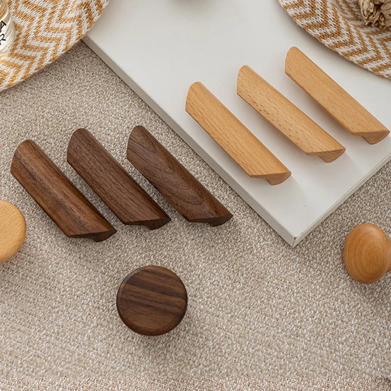 AOBT Natural Wood-Colored Solid Wood Cabinet Pulls Black Walnut Kitchen Wardrobe Drawer Handles Simple Door Knob for Home Improv
