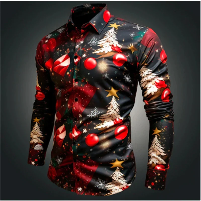 Christmas fashion 2024 shirt men\'s print versatile high-end shirt daily street party plus size comfortable men\'s long sleeved sh