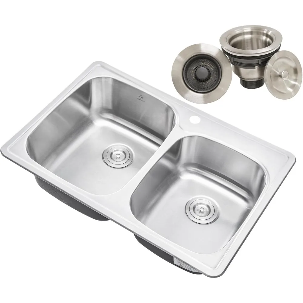 

33 x 22 x 9 Inch 60/40 Offset Top-mount/Drop-in Stainless Steel Double Bowl Kitchen Sink with Strainer - 18 Gauge Stainless Stee