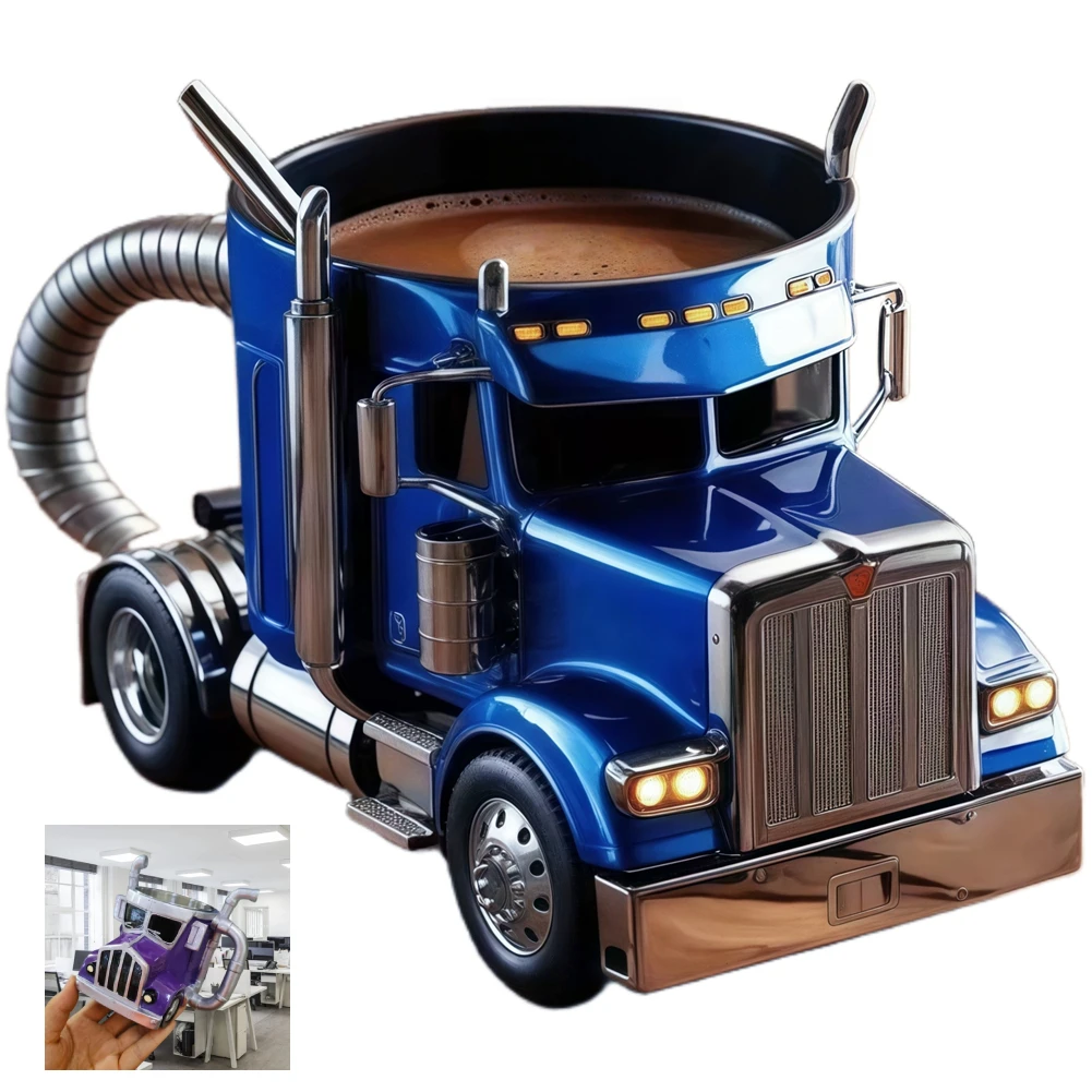 11-ounce Capacity Truck Coffee Mug Resin Stainless Steel Coffees Mugs Drink Cup Truck Shape Water Cups Desktop Ornament Gifts