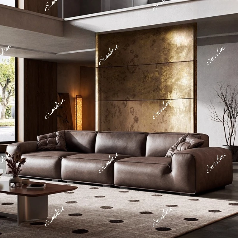 

Italian retro, leather sofa, living room high-end atmosphere tofu blocks