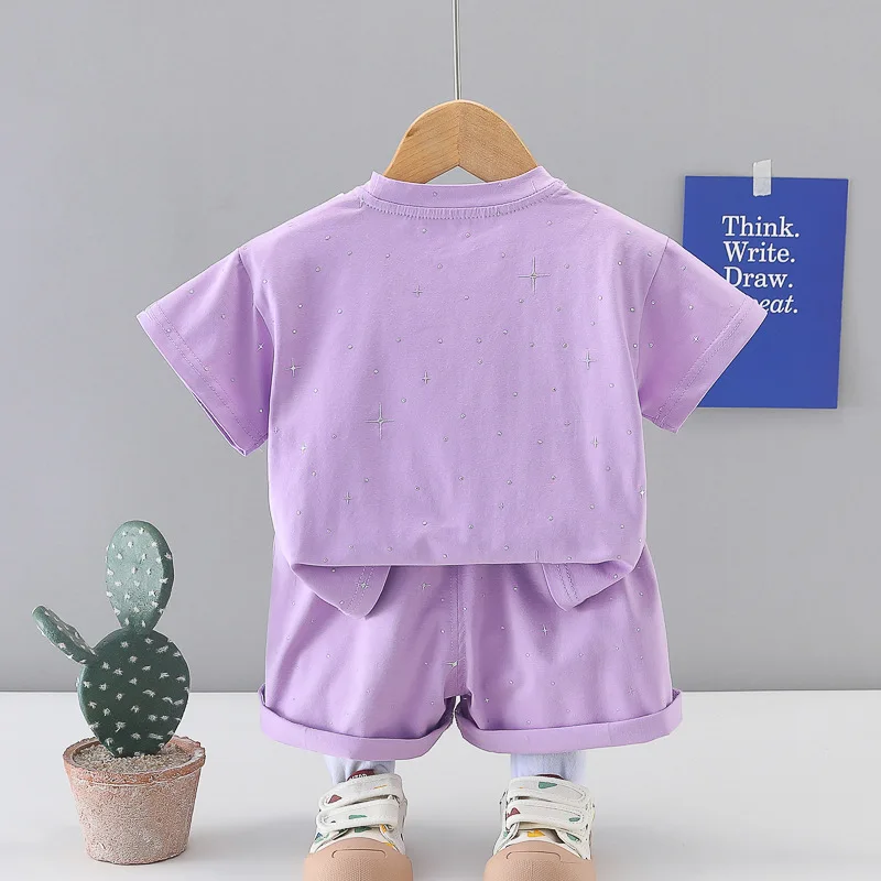 Lovely Sailor Collar Toddler Girls Outfit Glitter Star Print T-shirt and Shorts Set Kids Clothes for Daily Play Holiday Party