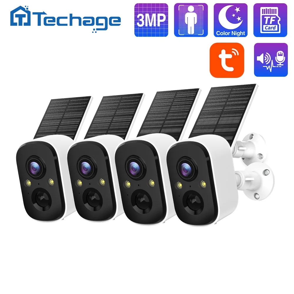 Techage 1/3/5pcs Tuya 3MP Wireless Solar Battery IP Camera Security Outdoor WiFi PIR Camera 2-Way Audio Human Detec Support Alex