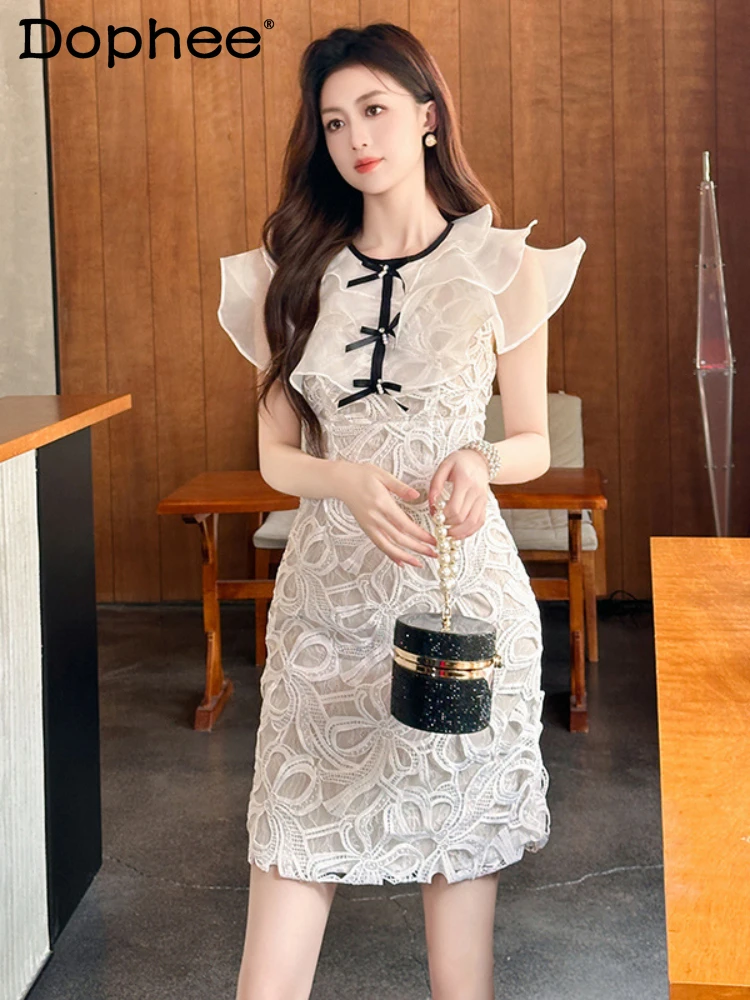 

Sweet Temperament Ruffle Sleeve Patchwork Waist-Slimming Sheath Dress 2024 Summer New Round Neck Short Sleeve Lace Dress Women