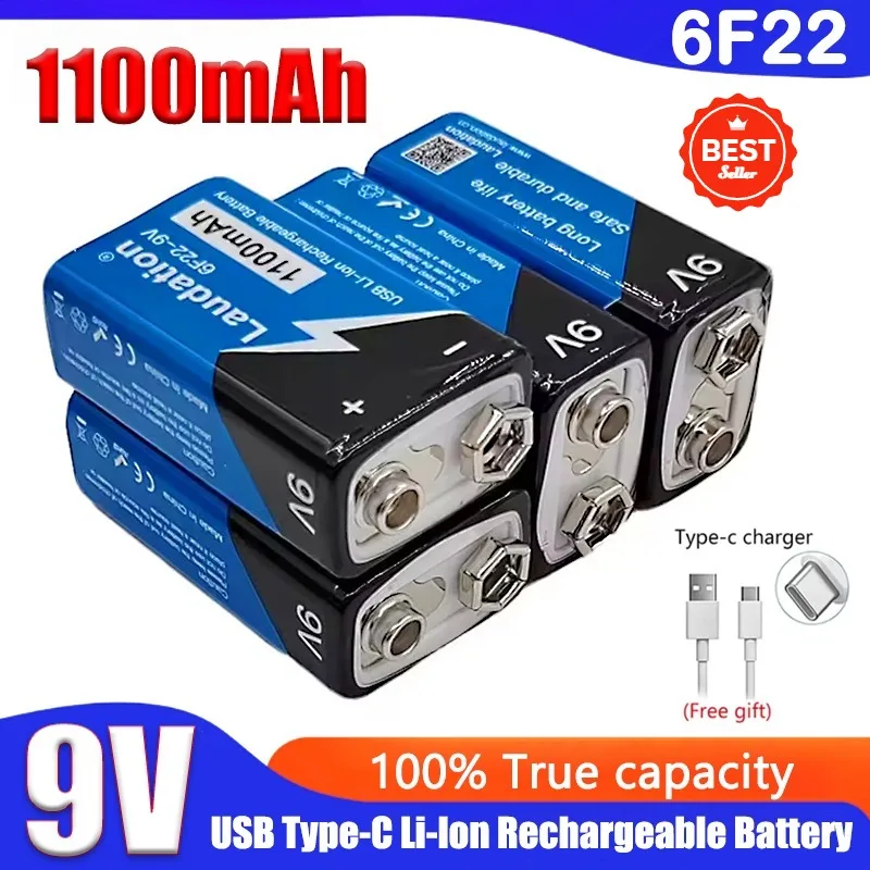 

9V Battery 1100mAh Li-ion Rechargeable Battery Type-C Battery 9V USB Lithium For Multimeter Microphone Toy +USB Charging Cable