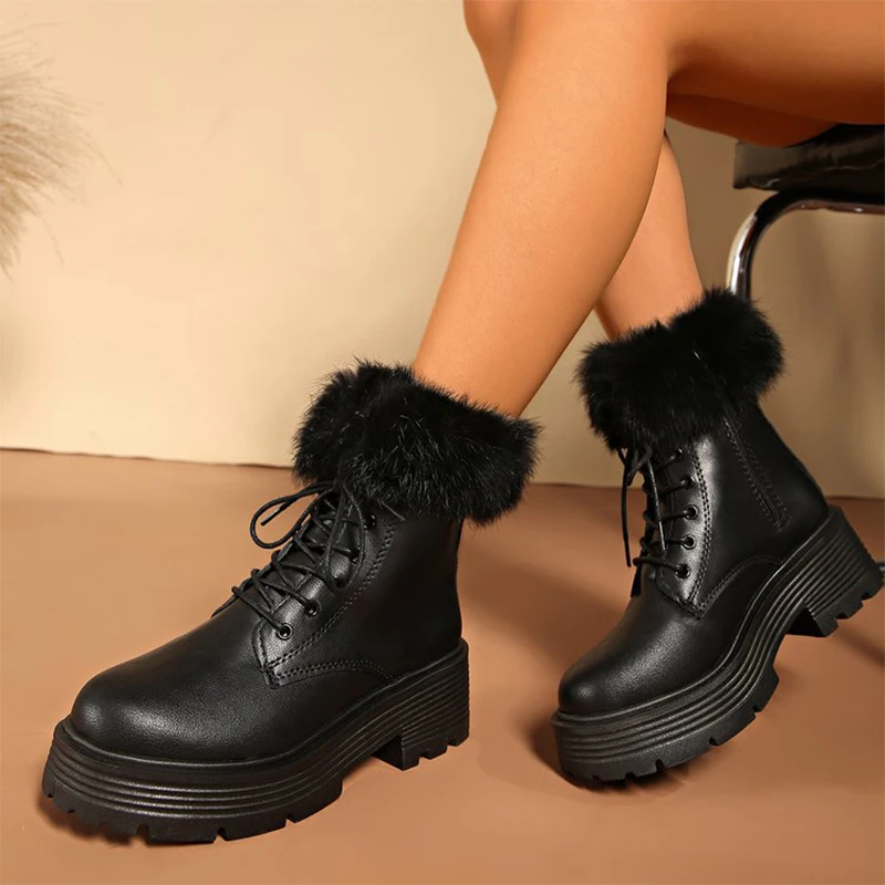

Thick Platform Fluffy Ankle Boots for Women High Heel Thick Bottom Fur Boots Woman Winter Fleece Lining Warm Black Booties Mujer