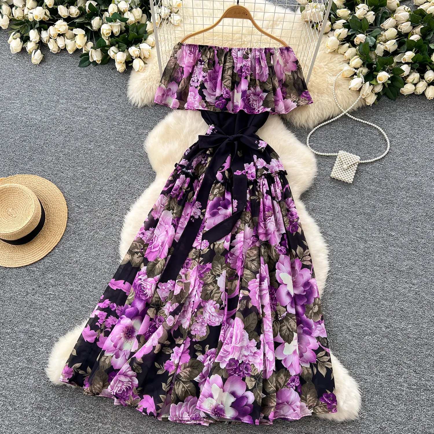 Elegant Ruffle Print Slash Neck Lace-up Vintage Cape Sleeves Chic Chiffon Slim Dresses Fashion Spring Women High Street Clothing
