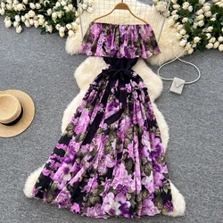 Elegant Ruffle Print Slash Neck Lace-up Vintage Cape Sleeves Chic Chiffon Slim Dresses Fashion Spring Women High Street Clothing