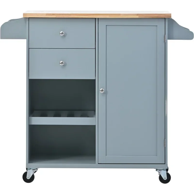 

Kitchen Cart with Spice Rack ,Towel Rack & Two Drawers,Rubber wood top,Island with 4 Wheels Grey Blue