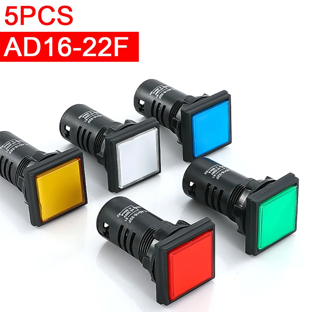 5Pcs  AD16-22F Square Indicator 22mm Panel Mount LED Power Indicator Pilot Signal Light Lamp AC DC 12V 24V 36V 48V 220V 380V