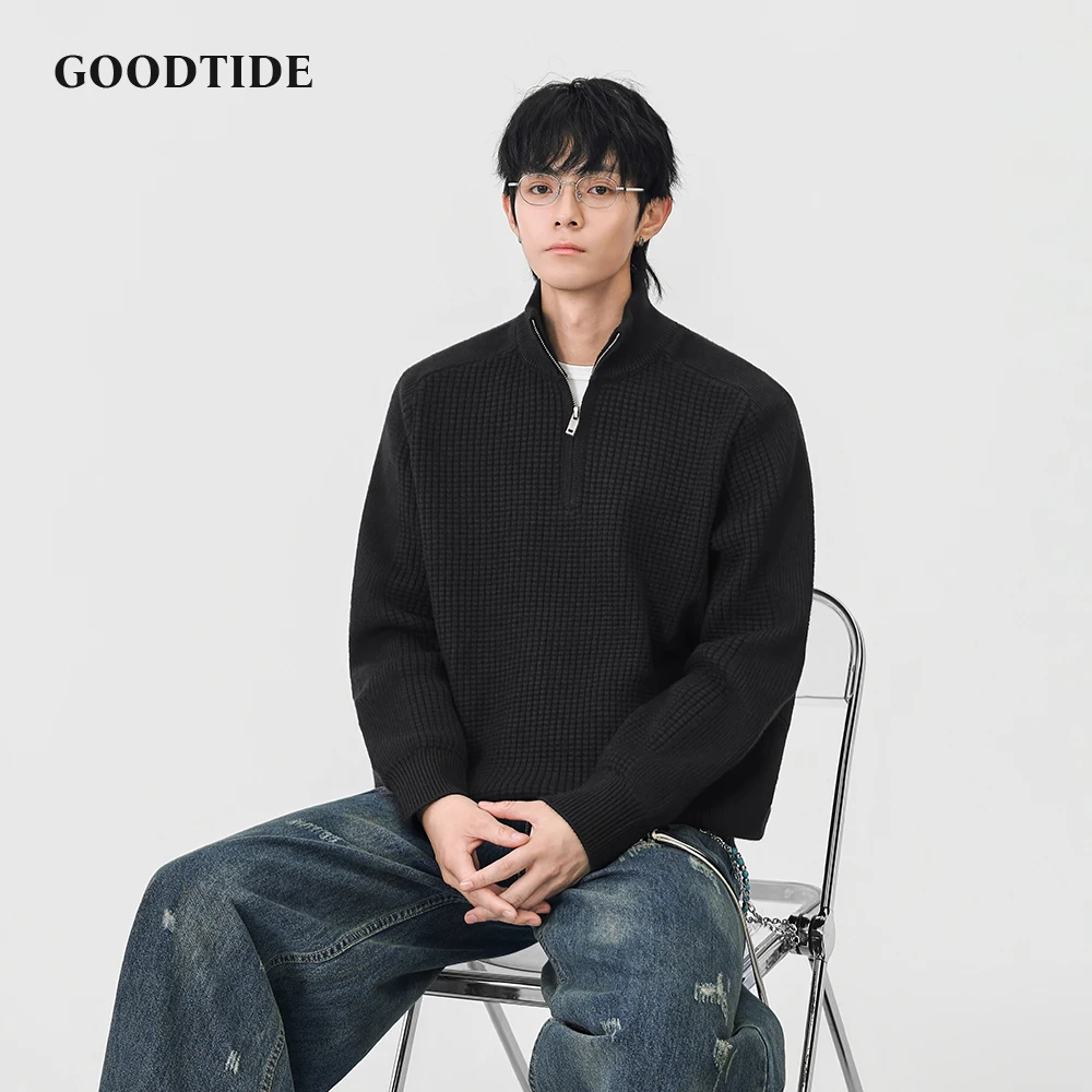 Fashion Men's Casual Half - Zip Mock Neck Sweater 2025 Winter New Waffle Knit Pullover Comfortable Soft Long Sleeve Jumper Top