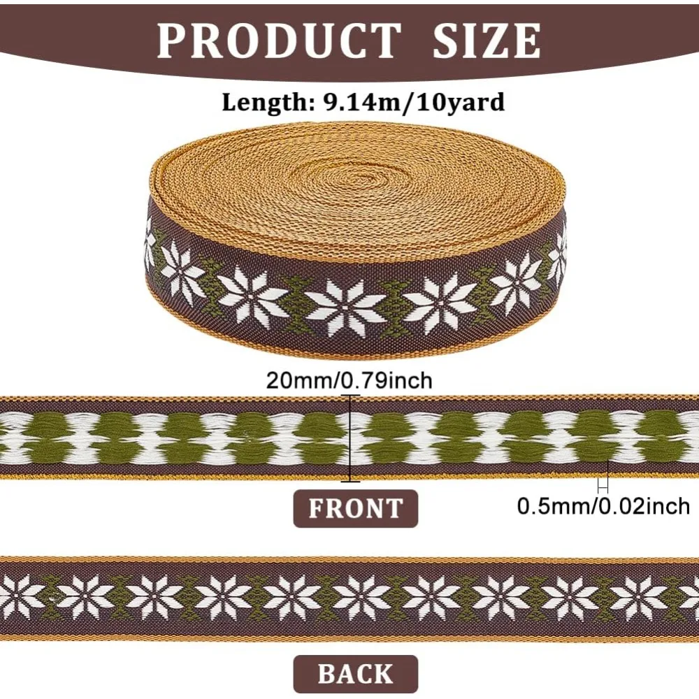 10 Yard Coconut Brown Tyrolean Ribbon Trim 0.8 inch Wide 8 Petals White Floral Pattern Woven Jacquard Trim Ethnic Embroidery