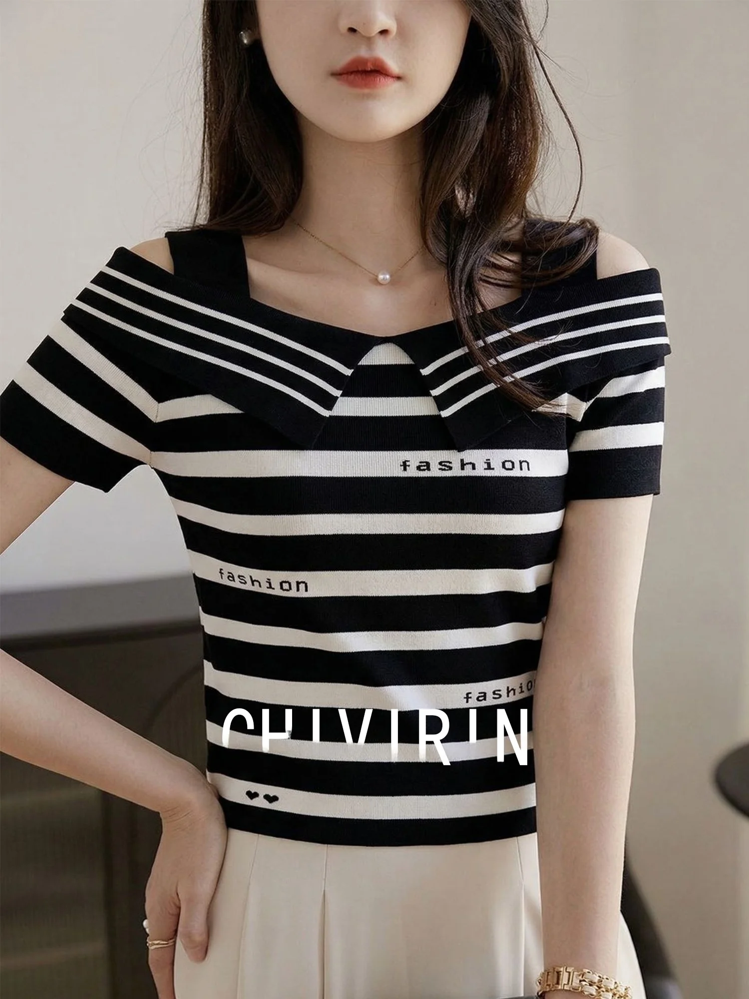 

Elegant Fashion Striped Knit Top Shoulder Baring T-Shirt Women Summer Slimming Versatile High-End Feeling Casual Wear