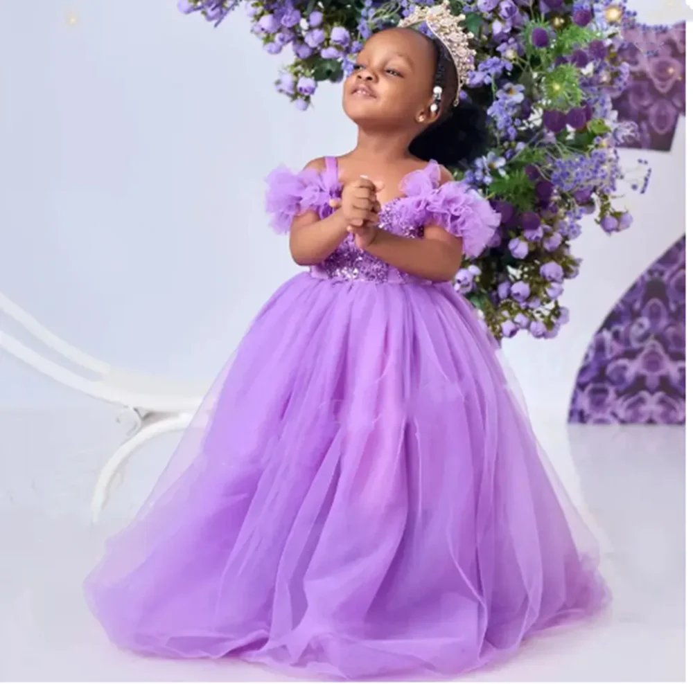Customized Lavender Flower Girl Dresses For Wedding Off Shoulder Appliques Sequins Floor Length Toddler Photo Shoot Ball Gown