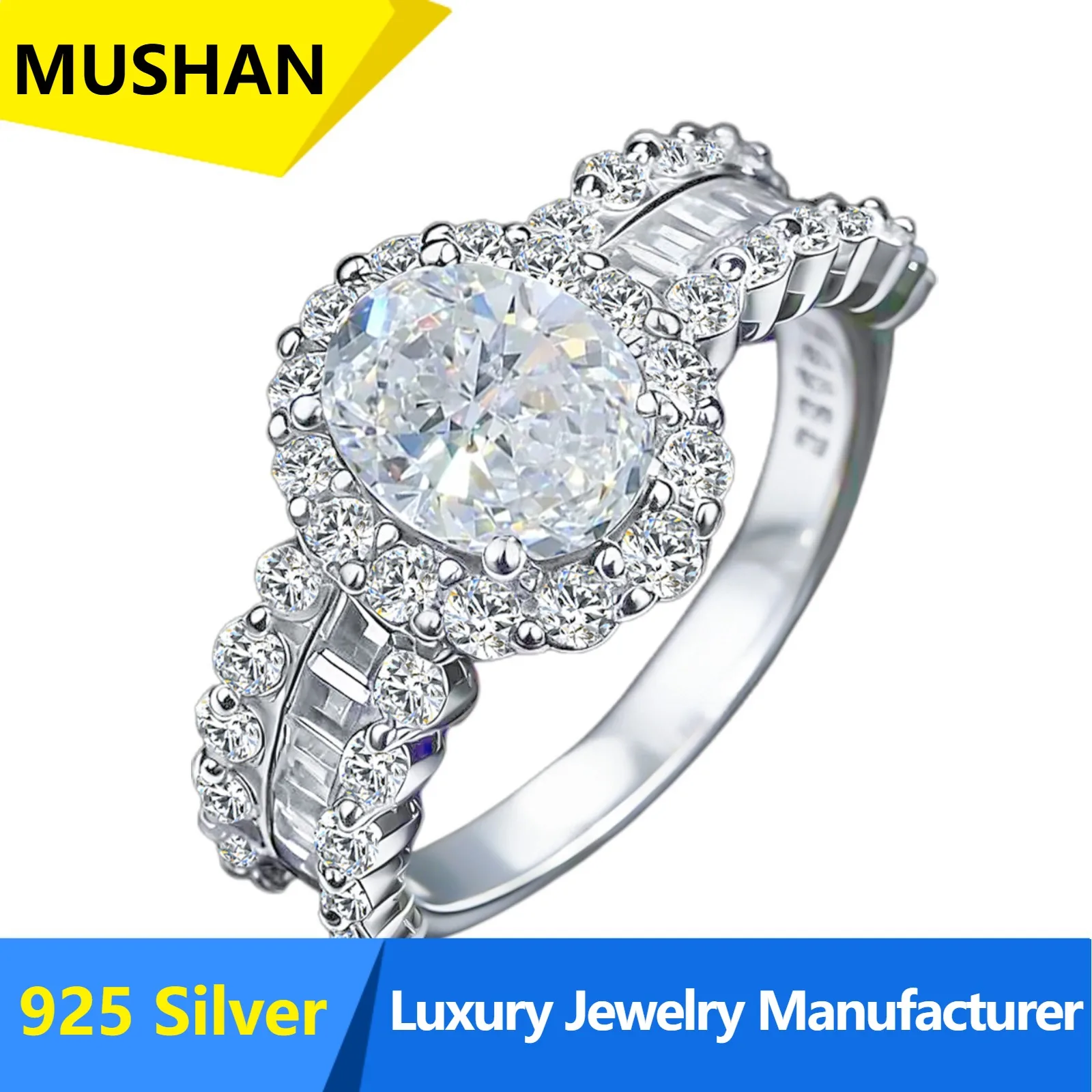 MUSHAN Luxur s925 sterling silver ring oval pigeon egg luxury inlaid moissanite light luxury gorgeous high sense wedding ring
