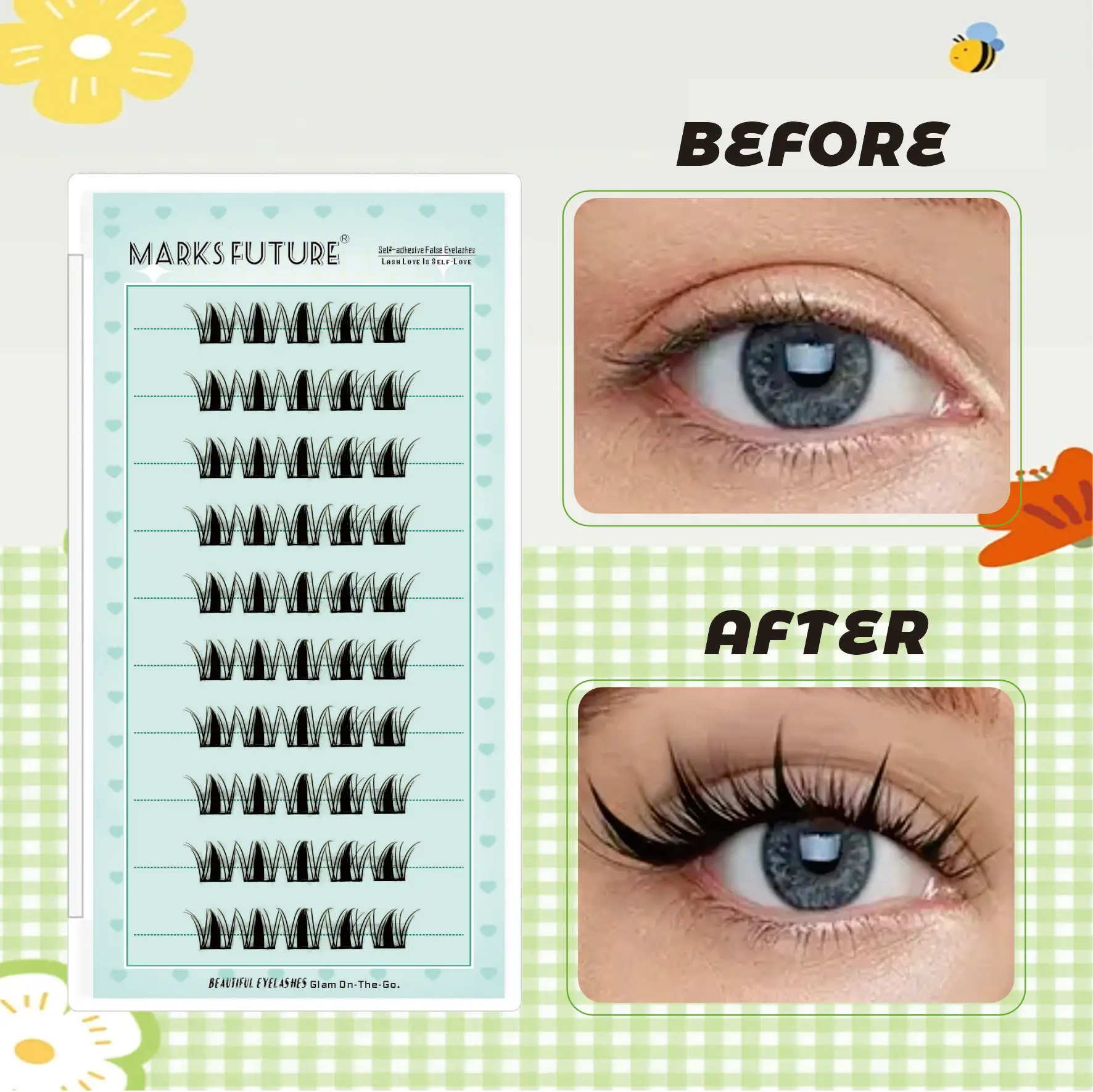 Marks Future Self-Adhesive False Eyelashes, Comic Angel Style, 50 Pieces, Large Capacity, Eyelashes with Thin Black Stems, Korean and Japanese Style. Ultra-Dense but Natural, Lively and Curly, Pure and Suitable for Photography Parties, Suitable for Daily Use. Beginner-Friendly Length 10-14 Millimeters.