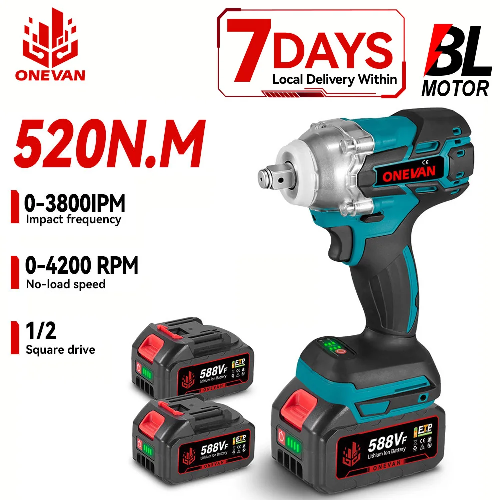ONEVAN 520 N.M 1/2" Brushless Electric Impact Wrench Cordless Screwdriver Power Car Repair Tool For Makita 18V Battery Pin