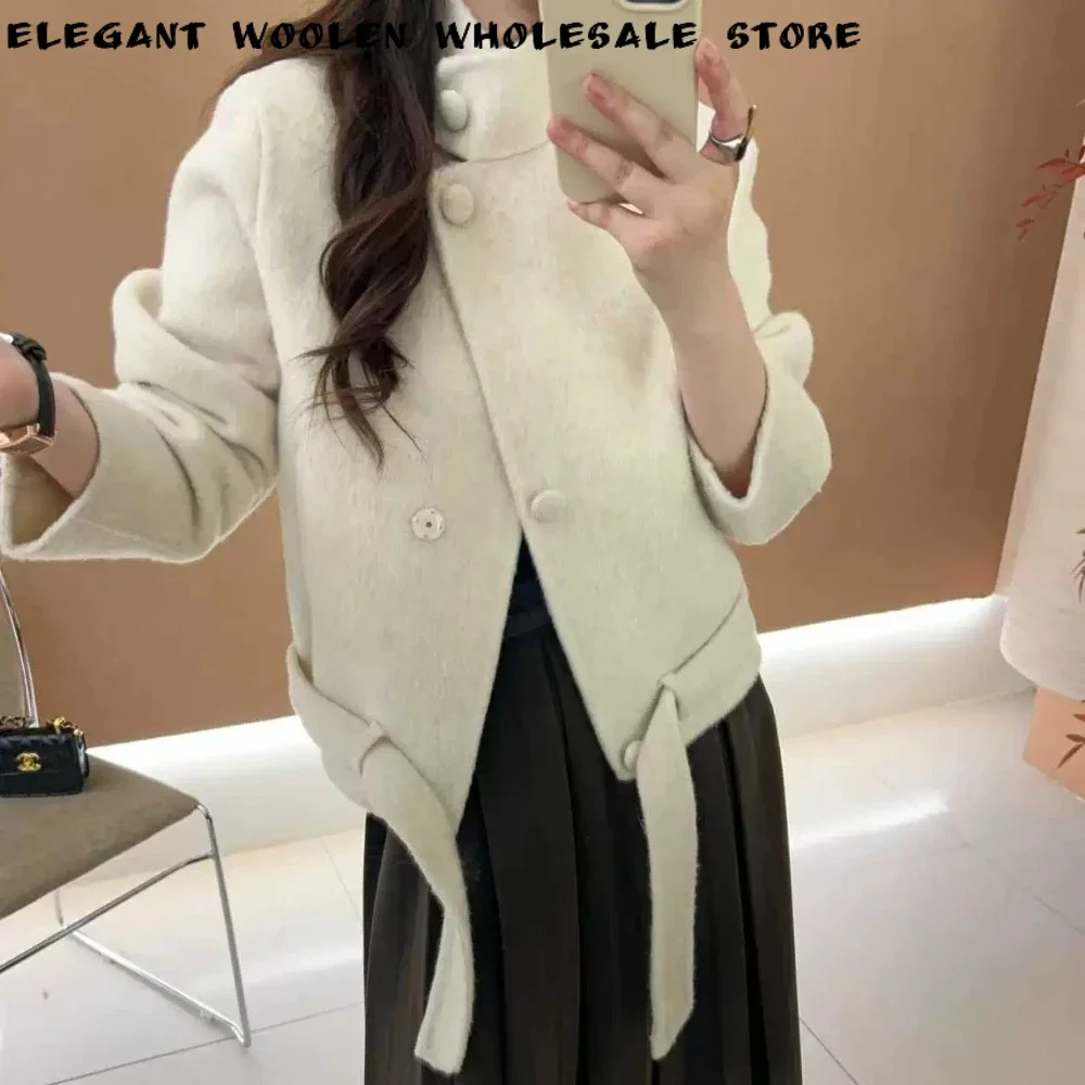 Women's Jacket Coat with Wool Stand Collar Short Wool Coat Belted Wrap Oversized Wool Coat Winter Fashion Warm for Office Wear