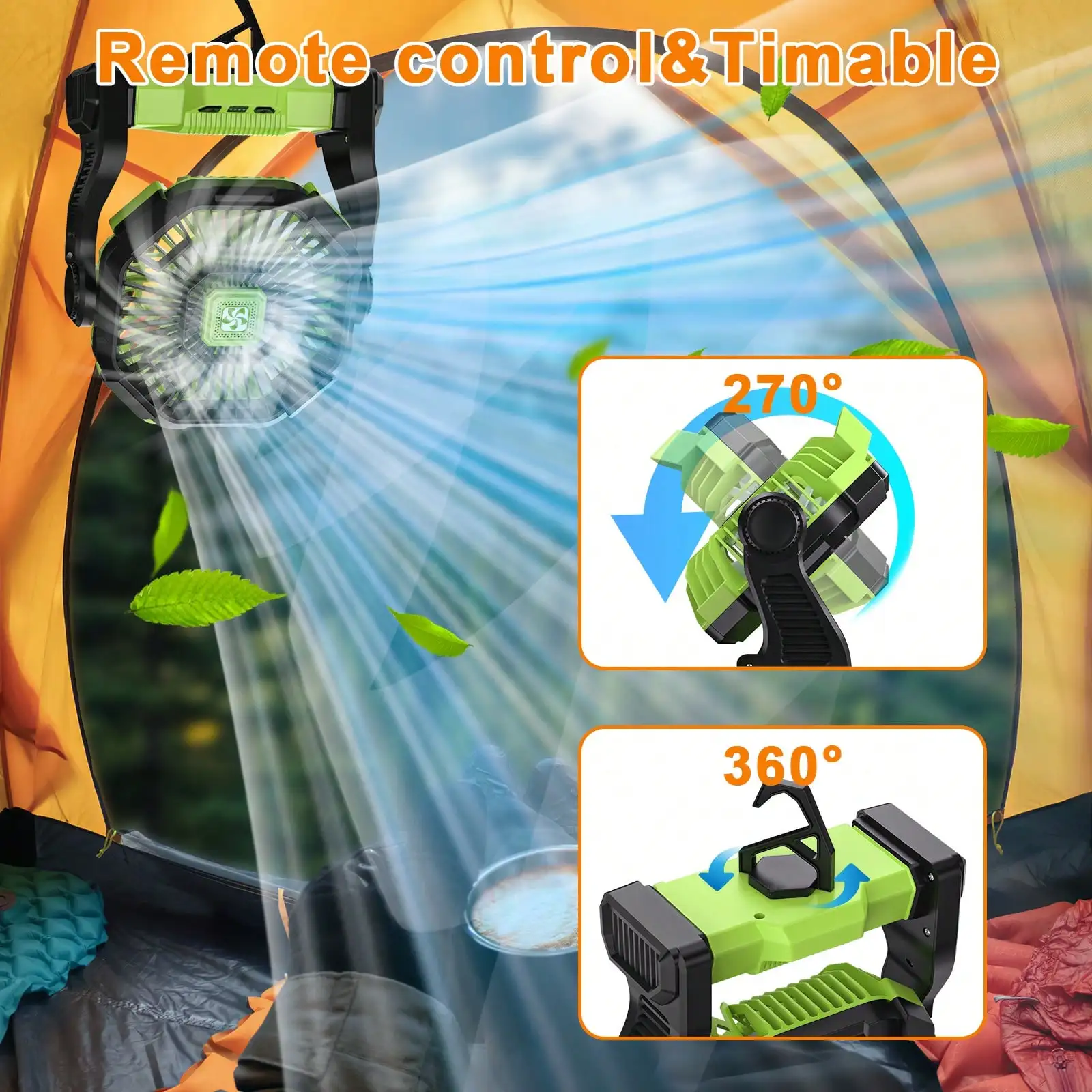 Portable Camping Fan with LED Light and Battery