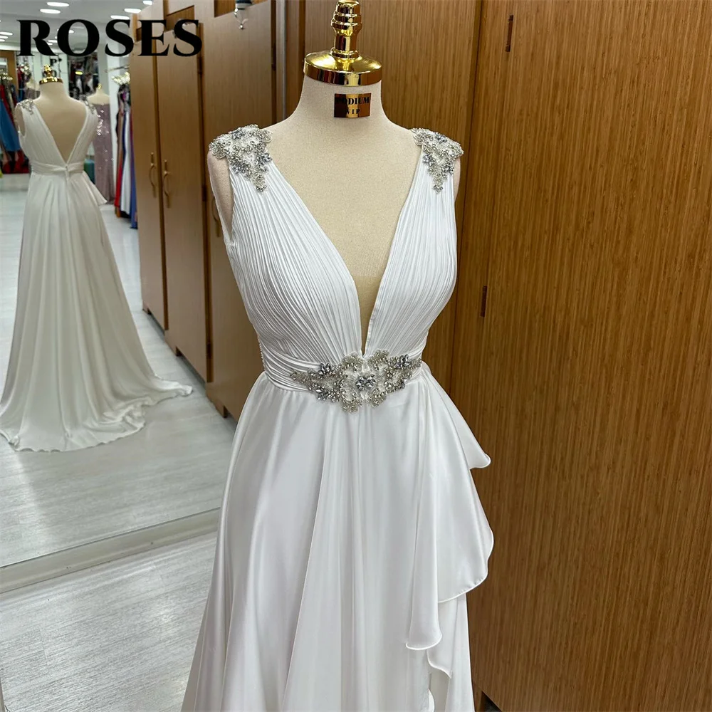 ROSES White Prom Dresses Deep V-Neck Evening Dress Simple A-Line Open Back Vestido De Novia Tank Crystal Sleeveless Party Dress